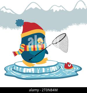 Cute penguin in winter coat fishing with fishing net on ice chunk, vector cartoon illustration Stock Vector