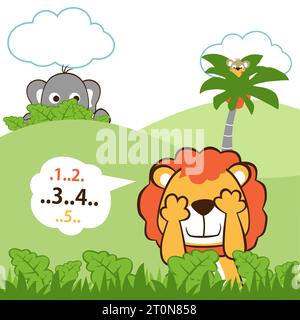 Cute animals playing hide and seek. Lion with elephant hiding in bush and monkey on palm tree, vector cartoon illustration Stock Vector
