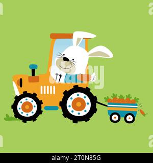 Cute bunny driving tractor pulling carrots on cart, vector cartoon illustration Stock Vector
