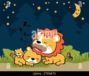 Funny lion family sleeping in the night, vector cartoon illustration Stock Vector