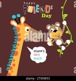 Funny giraffe with cute monkey hanging in vines holding banana, vector cartoon illustration Stock Vector