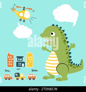 vector cartoon of funny monster with vehicles in city Stock Vector