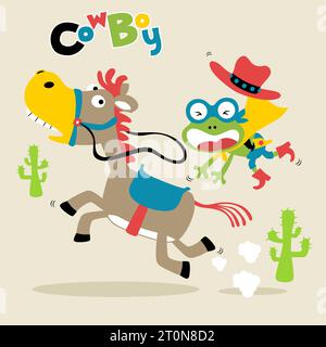 Funny frog in superhero costume riding horse, vector cartoon illustration Stock Vector