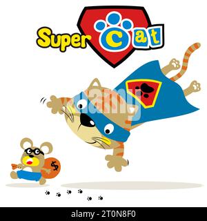 Vector cartoon of funny cat in superhero costume chasing criminal mouse Stock Vector