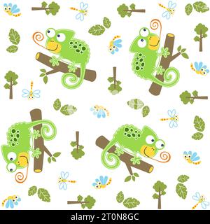 vector cartoon seamless pattern of cute chameleon hunting dragonfly in forest Stock Vector