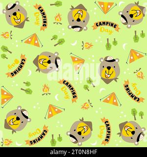 Vector cartoon seamless pattern of cute bear with camping elements Stock Vector