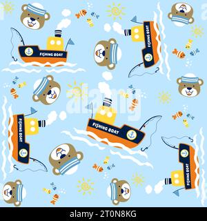 Vector cartoon seamless pattern of cute bear the sailor with sailing elements and fishes Stock Vector