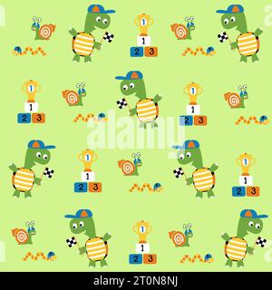 Vector cartoon seamless pattern of cute turtle with snail and caterpillar in racing run, sports elements Stock Vector