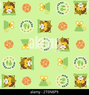 Vector cartoon seamless pattern of cute cat with mice playing hide and seek Stock Vector
