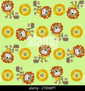 Vector cartoon seamless pattern of cute lion family with footpath logo Stock Vector