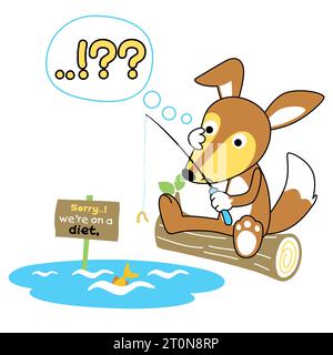 Funny fox sitting on tree trunk fishing, vector cartoon illustration Stock Vector