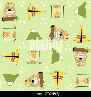 Vector cartoon seamless pattern with cute bear wearing feather headdress. Indian tribe elements Stock Vector