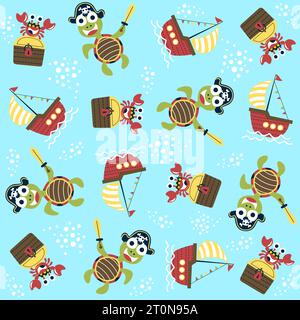 Vector cartoon seamless pattern of pirate elements with turtle and crab Stock Vector