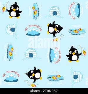 Vector cartoon seamless pattern of cute penguin fishing with igloo and ice mountain, north pole elements Stock Vector