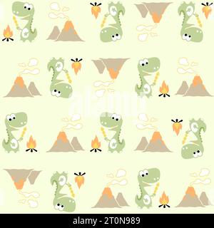 Vector cartoon seamless pattern of cute dinosaur roasting meat with volcanoes eruption Stock Vector