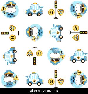 Vector cartoon seamless pattern of cute hippo in traffic cop uniform with traffic elements Stock Vector
