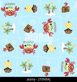 vector cartoon seamless pattern of cute  funny crab with nautical elements Stock Vector