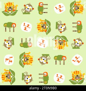 Vector cartoon seamless pattern with cute animals. Tiger and monkey play hide and seek Stock Vector