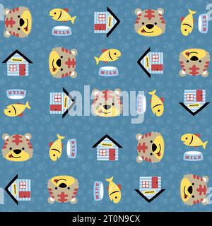 vector cartoon seamless pattern of cute kitten with pets elements Stock Vector