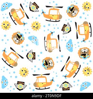 vector cartoon seamless pattern of  cute lion with helicopter and sky objects Stock Vector