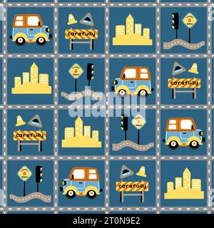 vector cartoon seamless pattern, city traffic elements Stock Vector