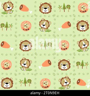 vector cartoon seamless pattern of cute lions with meat, footpath logo and trees Stock Vector