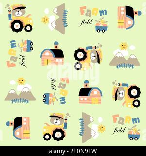 Vector cartoon seamless pattern of farming elements, bear on tractor Stock Vector
