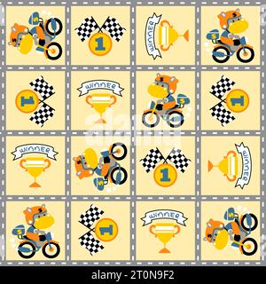 Vector cartoon seamless pattern of cute hippo riding motorcycle with motorbike racing elements Stock Vector