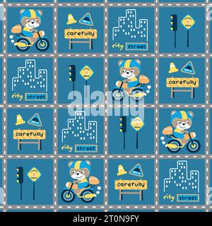 Vector cartoon seamless pattern of funny bear riding motorcycle with city traffic elements Stock Vector