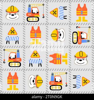vector cartoon seamless pattern of construction elements with funny monkey smile face Stock Vector