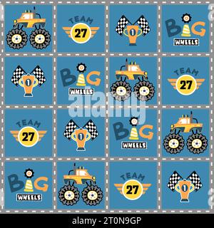 Vector cartoon seamless pattern of monster truck with car racing elements Stock Vector