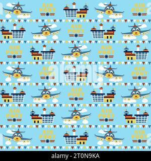 vector cartoon seamless pattern of funny airplane with airport elements Stock Vector