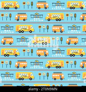 Vector cartoon pattern of buses with bus station and road sign Stock Vector