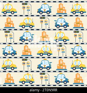 Vector cartoon seamless pattern of vehicles with city traffic elements Stock Vector