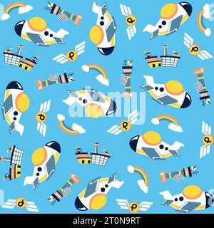 Vector cartoon seamless pattern of airplane with air transport elements Stock Vector