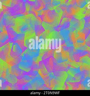 Bright trippy colored polygonal shapes. Different halftone textures. Seamless pattern Stock Photo