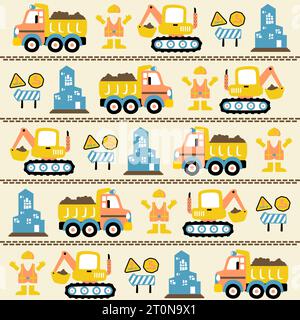 vector cartoon seamless pattern of construction vehicles with construction elements Stock Vector