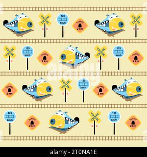 vector cartoon seamless pattern of funny fast train with railroad signs Stock Vector