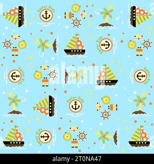 Vector cartoon seamless pattern of sailing elements illustration Stock Vector