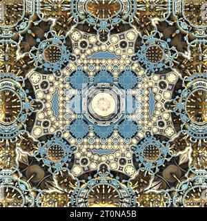 Abstract 3d illustration. Small shperes in mandala pattern. Blue, yellow and brown colors. Symmerical fractal background. 3d rendering. Stock Photo