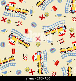 Vector cartoon pattern. Steam train with railway signs. Stock Vector