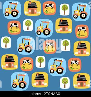 vector cartoon seamless pattern of funny cow smile face with farming elements Stock Vector