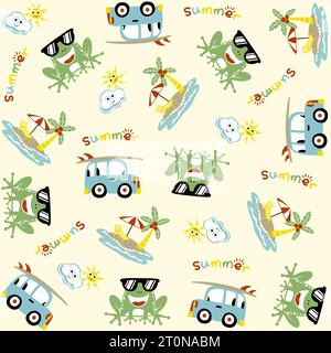 vector cartoon seamless pattern, cute frog wearing sunglasses with car, beach summer vacation elements Stock Vector