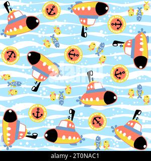 vector cartoon seamless pattern of submarine with fishes undersea Stock Vector