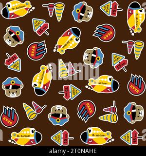 Vector cartoon seamless pattern of air transport elements with cute bear in pilot cap Stock Vector