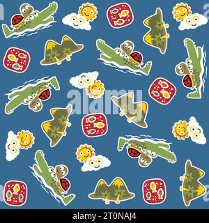 Vector cartoon seamless pattern of cute turtle ride on crocodile with fishes, mountain with funny sky object Stock Vector