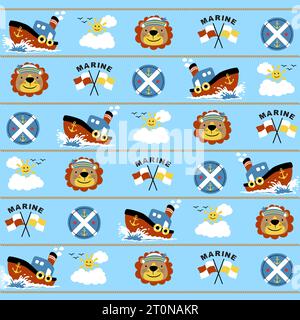 Vector cartoon seamless pattern of sailing elements with funny lion Stock Vector