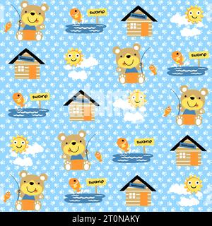 vector cartoon seamless pattern of cute bear fishing with fish in the swamp, sun on clouds with house on footpath background Stock Vector