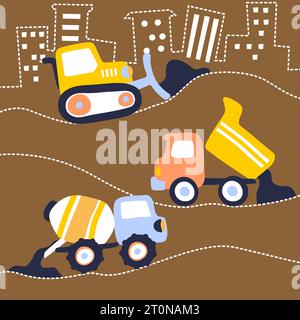 Vector cartoon of simple construction vehicles on buildings line background Stock Vector