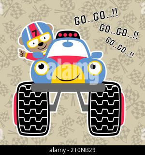 Cute bear driving monster truck on finish flags background pattern, vector cartoon illustration Stock Vector